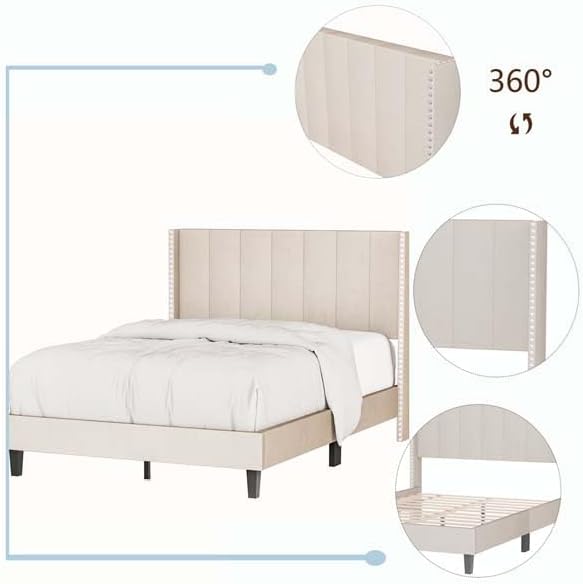 Miniatura 6 de Cama de plataforma tapizada de terciopelo de tamaño matrimonial con cabecero capitonado de canal vertical, cama con plataforma de terciopelo moderna