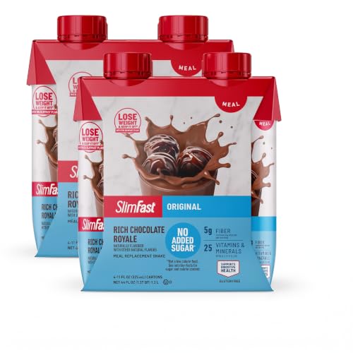 SlimFast Meal Replacement Shake, Original Rich Chocolate Royale, No Added Sugar, Meal Replacement Shakes, 10g Ready to Drink Protein, 5g Fiber, 25 Vitamins and Minerals, 11 Fl. Oz, 12 Count