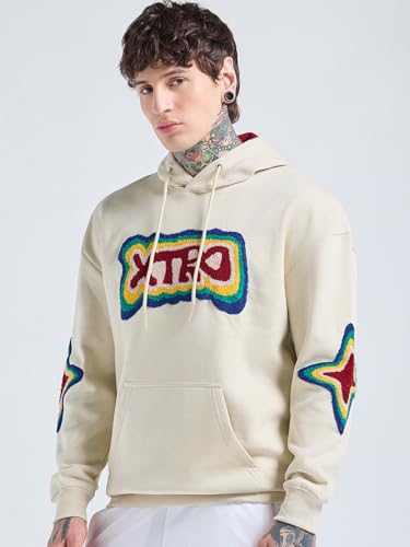 Image of Bewakoof Heavy Duty 1.0 Men's Embroidered Oversized Fit Full Sleeve Hooded Cotton Poly Hoodies