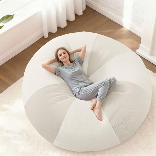 HABUTWAY 3FT Bean Bag Chair Teardrop Bean Bag Chairs for Adults beanbag with Memory Foam Filled with Dual-Tone Unique Combination Corduroy & Luxury Distressed Velvet Washable Cover,Corduroy White