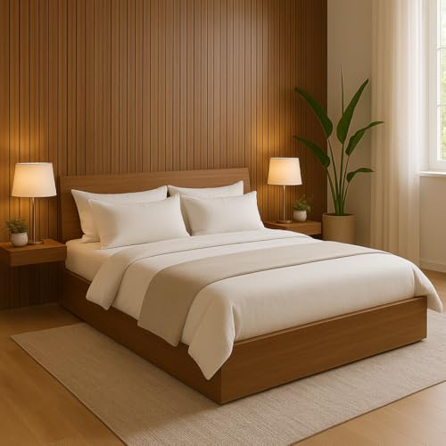Image of MATTERHORN Engineered Wood Bed in Teak Brown - King Size (L2079 x W1875 x H300 mm) | Platform Bed | Modern Wooden Bed for Bedroom, Durable & Stylish Design (Almond Beige)