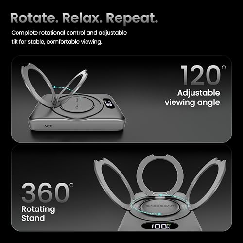 Image of CASEGEAR ACE 10000mAh Aluminium Wireless Power Bank Compatible with Magsafe, Strong N54 Magnet, 20W Fast Charging, Compatible with iPhone 12 & Above, Samsung, etc. 360 Rotating Stand, Digital Display