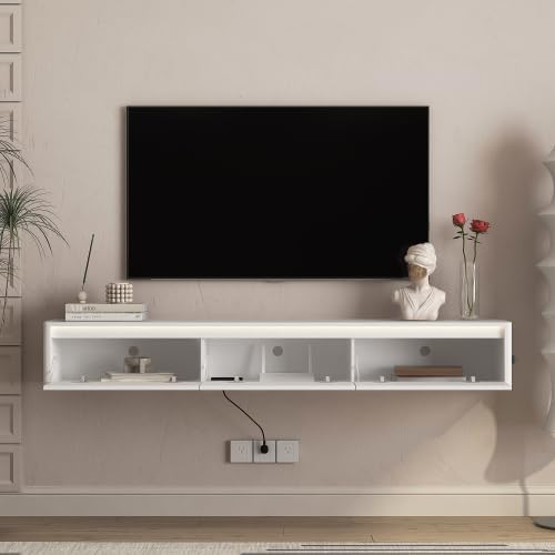 Ferand Floating TV Stand Wall Mounted with LED Lights & Power Outlet (3AC + 2USB), Modern TV Shelf with Storage Cabinet, Wall Mounted Entertainment Center for Living Room & Bedroom – White Finish