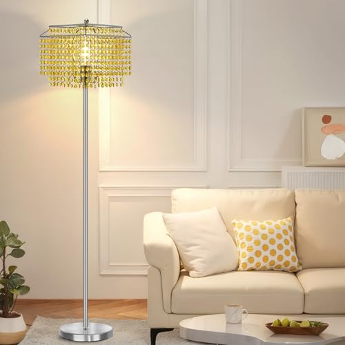 Luvkczc Crystal Floor Lamp Yellow, 64" Tall Elegant Standing Lamp with On-Off Foot Switch, Double-Layer Lampshade, Standing Lamps for Living Room, Bedroom, Office, 8W Bulb Included