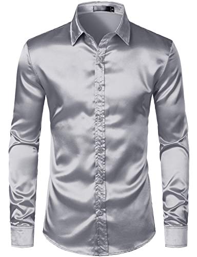 ZEROYAA Men's Luxury Shiny Silk Like Satin Button Up Dress Shirts3