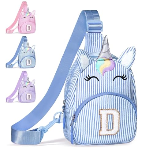 Image of COSHAYSOO Blue Little Girls Purse Unicorn Easter Basket Stuffers 3 4 5 6 7 8 Year Old Girl Birthday Gifts, Kids Crossbody Bag Fanny Pack Spring Break Fashion Cute Essentials Initial Letter D