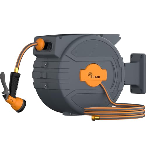 Retractable Garden Hose Reel 1/2"x82 ft, Automatic Hose Reel with 7 Pattern Nozzle, Any Length Lock Wall Mounted &180 Deg Swivel