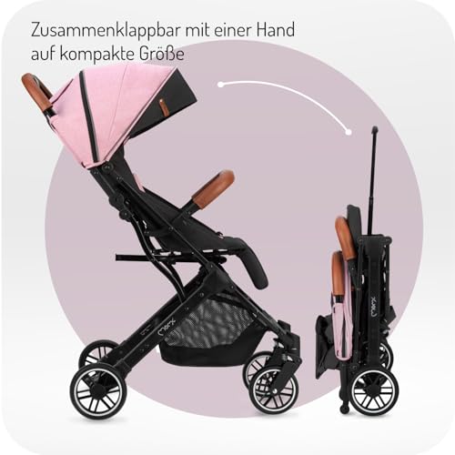 MoMi ESTELLE Kinderwagen ab 6. Monat (bis 15 kg), klappbarer Buggy mit 5-Punkt-Sicherheitsgurt, Einkaufskorb und Liegefunktion, Teleskop-Stange zum Ziehen, steht nach dem Zusammenklappen