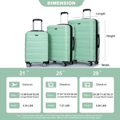 3 Piece Luggage Set, Suitcase, Expandable, Suitcase Set, with Two Hooks, Trolley Case, with Universal Wheels, Combination Lock, 21/25/29 Inches, Light Green3