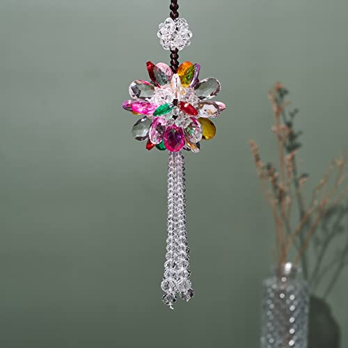 Image of Crystal Flower Ball Car Pendant Lucky Car Mirror Hanging Ornament Crystal Suncatcher Hanging Charm Auto Interior Decoration, Colorful