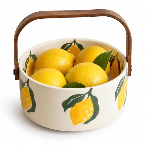 AIQIYIDBO Lemon Decorative Ceramic Candy Bowl with Wooden Handle, 6.1 Inch Candy Dish for Fruit, Nuts and Snacks, Unique Fruit Bowl for Kitchen Countertop, Picnic, Camping, Summer Farmhouse Decor