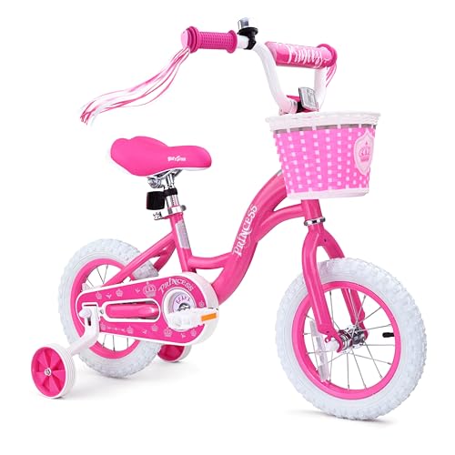 Image of Girls Bike for Toddlers Ages 2-5 Years, 12 14 16 Inch Princess Kids Bike with Training Wheels, Sparkling Frame, Basket, Streamers, Pink Pedal Bicycle, Birthday Gift