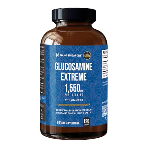 Nano Singapore Glucosamine Extreme 1550mg with Vitamin D3 Joint Support Supplement High Potency HCL Capsules 120 Count for Bone Strength and Mobility