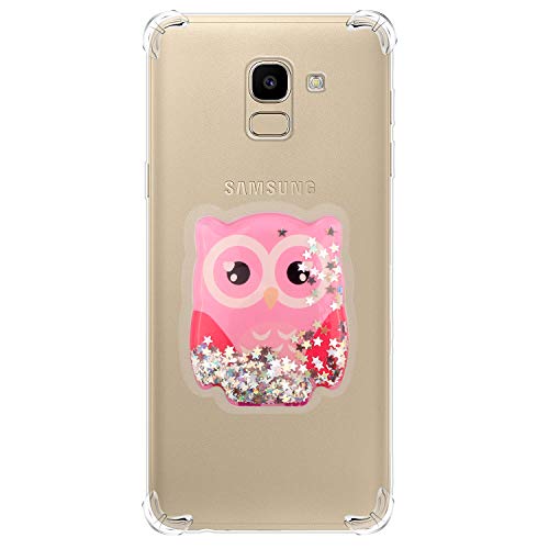 Jorisa Clear Silicone Case for Samsung Galaxy J6 2018,Ultra Slim Skin with Neck Cord,Cushion Soft TPU Bumper Liquid Glitter Cover with Shiny Cute Animal Pattern,Anti-Yellow Gel Shell,Owl
