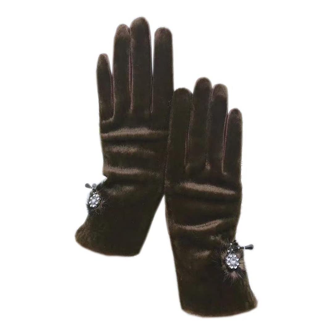 Guanti in pelle da donna invernali con fiore lucido Fodera in lana calda Guanti in pelle da moto da guida