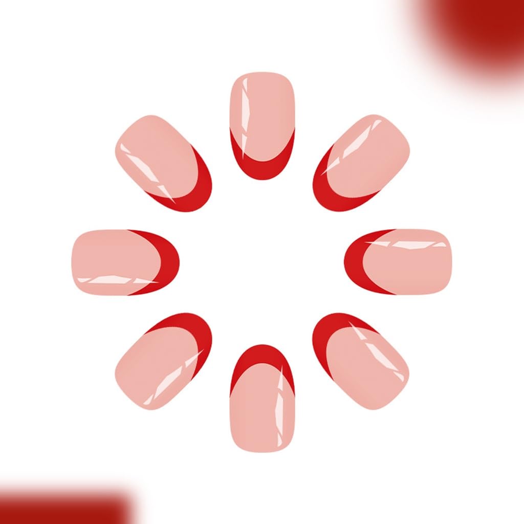 French Styles 24Pcs Glossys Red Holiday Design Short Almond Shape Sparkles Easy Application