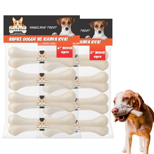 Image of EXCITE BITES Pressed Rawhide Bones for Dog Treats | Dog Calcium Bone Dog Chewing Needs | 4Inch & 5Inch Calcium Bone Treat for All Dogs | Combo Offer (4 inch-4Pcs) (5 inch-4Pcs), 465g (Pack of 2)