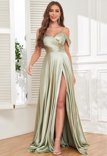 Long Satin Bridesmaid Dresses for Women Formal Off The Shoulder Prom Evening Gown with Slit4