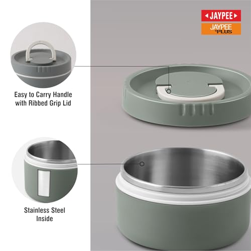 Image of Jaypee Plus Snackpac Airtight Leakproof Container 400 ml Lunch Box for School, Office, Ideal for Snacks and Meal, Keeps Food Hot & Fresh Inner Stainless Steel Easy to Carry Handle, Greenish Green