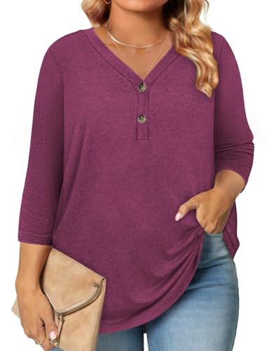 Gloria&Sarah Womens Fall Clothes Plus Size Button Down 3/4 Length Sleeve Shirts Blouses Casual Loose Tunics L-4XL