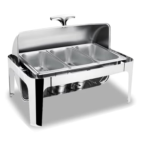 Juego de platos de acero inoxidable, calentador de alimentos y bandeja para servir, diseño de 2 rejillas para fiestas y bodas, incluye recipientes para condimentos, 6,5 cm