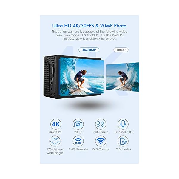 LeadEdge Action Cam 4K 20MP EIS Anti-Shake Externes Mikrofon Rotfilter 2.0 IPS LCD WiFi 170 ° Weitwinkel Tauchen 40M… – Bild 3