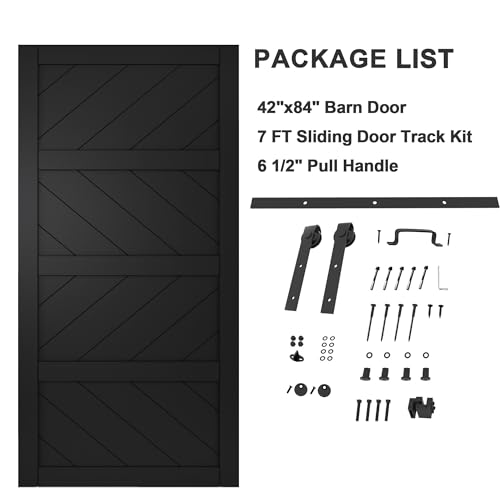 Image of 42 inchx84 inch Black Waved Barn Door with 7 FT Track Kit & Handle & Floor Guide