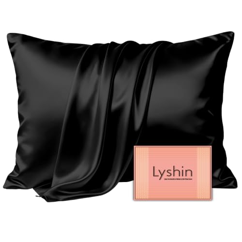 Image of LYSHIN Black Silk Pillowcase King Size with Hidden Zipper | 19 Momme Mulberry Silk Pillow Cases for Skin and Hair, Anti-Acne, Hypoallergenic, Cooling, Beauty Sleep, Gifts for Women