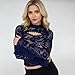 Lingerie Tops for Women Flare Long Sleeve Crew Neck Cutout Slim Fit See Through Exotic Lace Shirts (Blue, L)