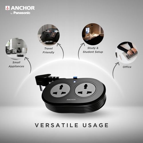 Image of Anchor by Panasonic 2 Universal Socket Extension Board, 6A Spike Guard with 1.2-Meter Heavy Duty Cord for Home and Office Usage, 2 Way Power Strip with LED Indicator, Matt Finish