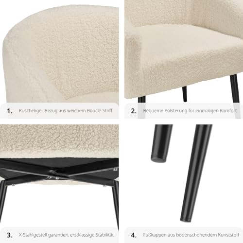 tectake® Lounge Sessel beige mit Polster, Wohnzimmer Möbel, Relaxsessel modern, skandi Loungesessel, Cocktailsessel Bouclé Plüsch Stoff, Armlehnstuhl mit Metallbeinen, Lesesessel Schlafzimmer – Bild 6