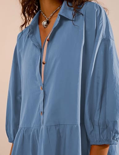 Image of HangNiFang Women's Summer Babydoll Mini Dress Flowy Puff Sleeve Tiered Button Down Oversized Tunic Dress with Pockets