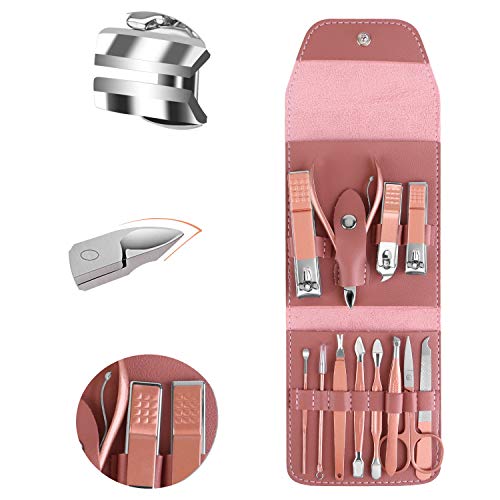 Manicure Set 12pcs Manicure Pedicure Set Professional Nail Clipper Kit Stainless Steel Nail Care Tools with Luxurious Travel Case (Pink)