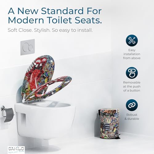 Image of Sanilo Wooden Toilet Seat with Quick Release & Soft Close [ROUND] - Decorative & Slow Close Molded Wood Seat - With One Click for Easy Installation & Cleaning - With Adjustable Fit (Graffiti)