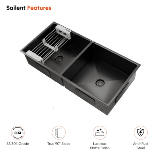 Image of Lorazzo Lustr Stainless Steel 304 Double Bowl Handmade Kitchen Sink | 37 x 18 Inch | Gunmetal Black Finish | Heavy-Duty Dual Bowl Sink | Includes Couplings, Connector & Strainer Basket