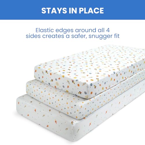 Image of Delta Children Fitted Crib Sheets for Girls and Boys - Crib Sheet for Standard Crib and Toddler Mattresses - 28x52 Inch (Pack of 3), Space Exploration