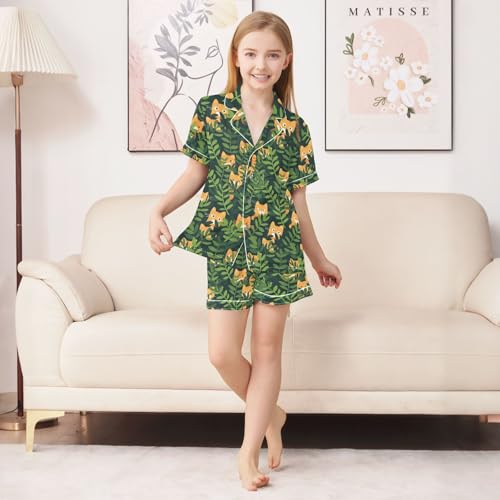 ALAZA Green Leaf Animal Cat Kitten Satin Pajamas Set Short Sleeve Button Down Sleepwear Summer Pjs 2 Piece3