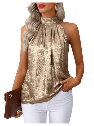 SOLY HUX Women's Metallic Halter Tops Sleeveless Mock Neck Tank Top Summer Party Cocktail Vest Shirts