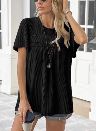 Womens Summer Tops Crewneck Short Sleeve Striped Shirts Casual Ribbed Blouses Flowy Hem Boho Clothing 20252