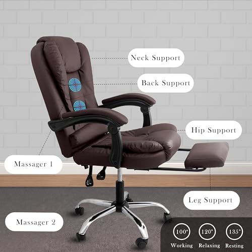 Image of Casa Copenhagen Italia Leatherette Office Chair for Work | Boss Chair, Ergonomic Executive, Luxurious Cushioned Arms & Seat, 2 Point Back Massager, Adjustable Leg Rest, Heavy Duty Metal Base(Brown)