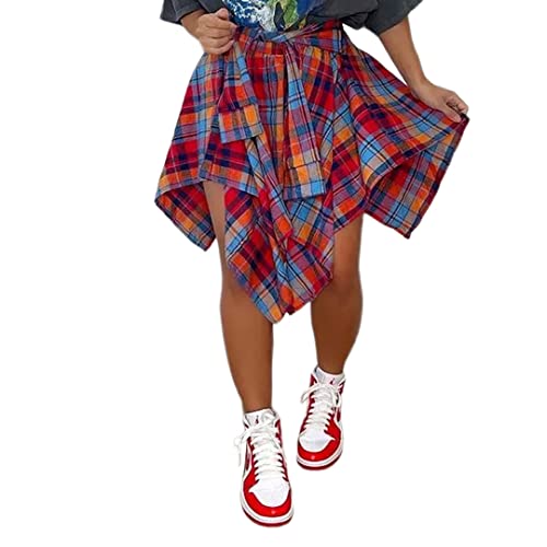 Plaid Skirts for Women's High Waisted Knot Front Asymmetrical Hem Mini Skater Skirt