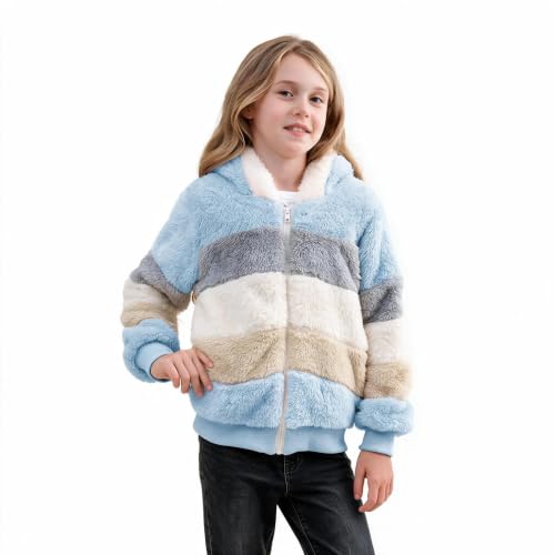Image of Girls Fleece Jackets Kids Sherpa Fuzzy Zip up Hoodie Fall Winter Contrast color Pullover Sweatshirt 4-12 Years