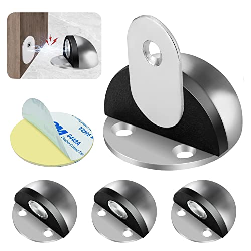 Kolako Magnetic Door Stops, 4 Pack Door Stoppers For Bottom Of Door, Brushed Stainless Adhesive Floor Wall Mount Magnet Doorstops Dome Door Holders No Drill Magnetic Door Stoppers, Silver #TOP18