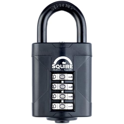 Squire Heavy Duty Padlock (CP50BLACK) - Toughest Steel Shackle - 4 Wheel 50mm Wide Combination Padlock (Black) - Alloy Steel for Corrosion Resistance - Weatherproof Lock for Home School & Garage