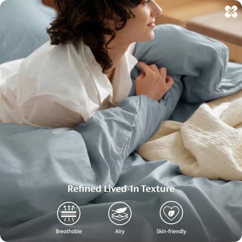 Image of Bedsure PureWoven 100% Washed Cotton Duvet Cover Only, Queen, Dusty Blue | 1 Duvet Cover, No Pillow Shams, Linen Like Textured, Lightweight & Breathable for All Seasons, Zipper Closure, 8 Corner Ties