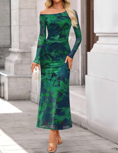 ZESICA Women's Long Sleeve Floral Maxi Dress 2025 Fall Off Shoulder Bodycon Ruched Mesh Cocktail Wedding Guest Dresses2