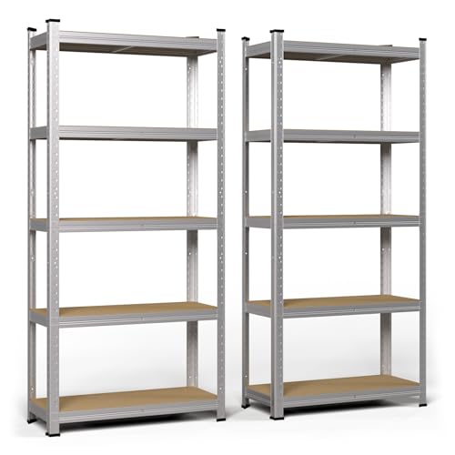 vounot® Lot de 2 Étagère de Rangement 70x30x150cm en Acier Galvanisé à 5 Niveaux Etagère Charge Lourde Tablette Ajustable Charge Max 875kg Idéal pour...