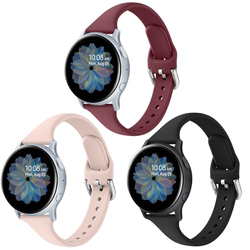 3 Pack Slim Sport Bands for Samsung Galaxy Watch Active 2 40mm 44mm, Soft Liquid Silicone Waterproof Straps for Replacement for Galaxy Watch Active Wristbands Women Men (Black/Wine Red/Pink Sand)