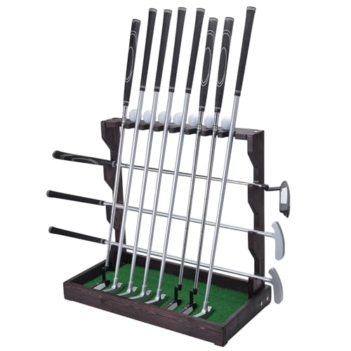 Hutigertech Golf Putter Stand, Wooden Golf Club Holder with Artificial Grass Mat, Holds 11 Clubs & 7 Golf Balls, Stand Floor Display Rack for Indoor Home Office Club Simulator