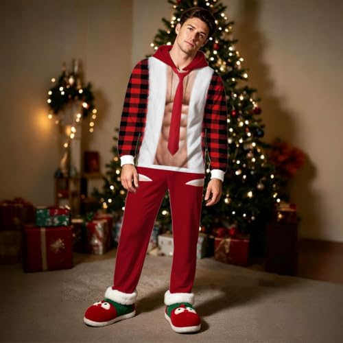 Men Ugly Christmas Hooded Onesie Fake Santa Muscle Print Full Zip Jumpsuit - image 3
